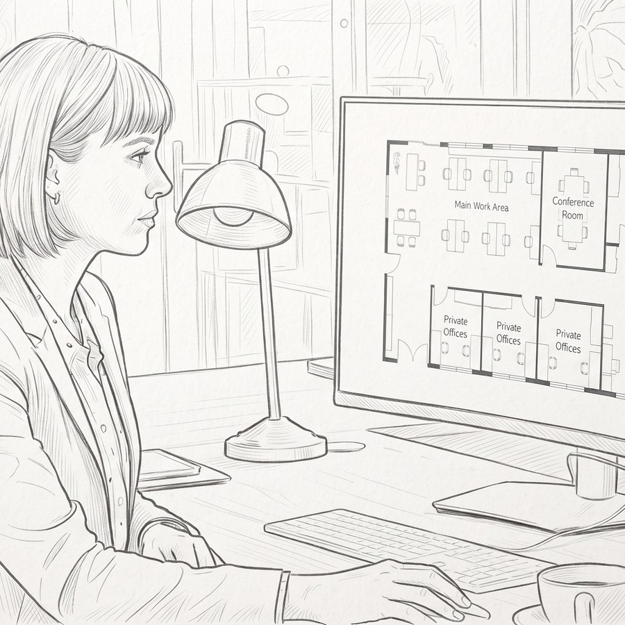 Illustration of a professional reviewing a floor plan on a computer screen
